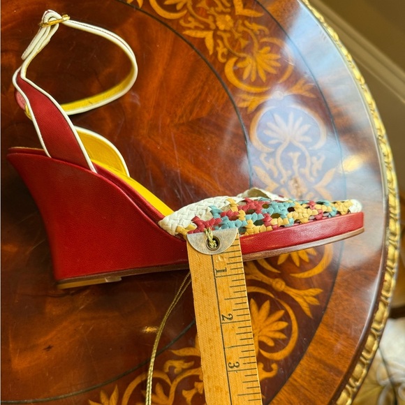 NWOT Delman Red/Yellow Leather Woven Peep toe Sandals 4” heel Size 8 MSRP $295 - Picture 2 of 13